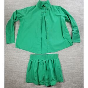 White Fox Short 2 Piece Set Womens S/M Green Button Up Oversized Top Pull On